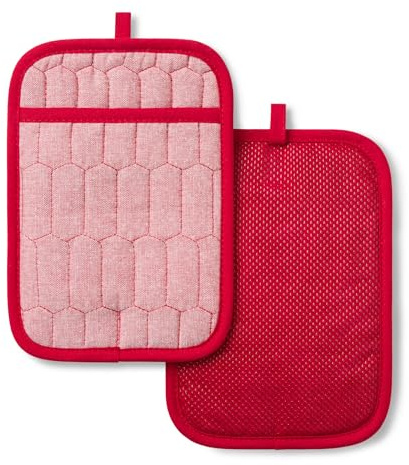 MARTHA STEWART Lot de 2 maniques matelassées en chambray nid d'abeille, 100 % coton, poignée en silicone souple antidérapante, résistante à la chaleur, rouge, 17,8 x 25,4 cm