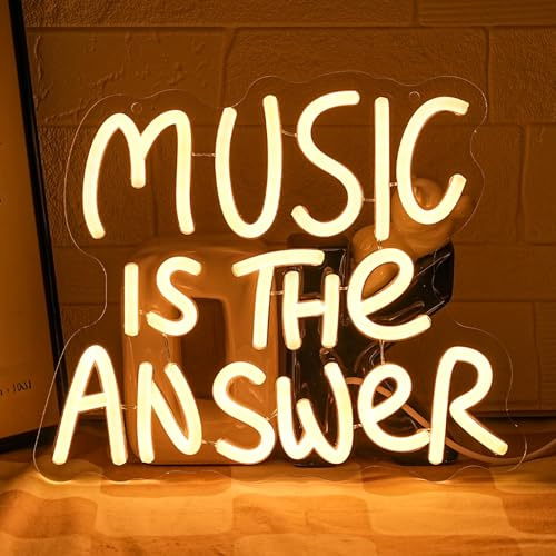 LMSIGNLY Music Is The Answer Neon Sign for Wall Decor Warm White Letter Neon Light Live Music Neon Light Sign LED Word Light for Studio Concert Bar Bedroom Decoration