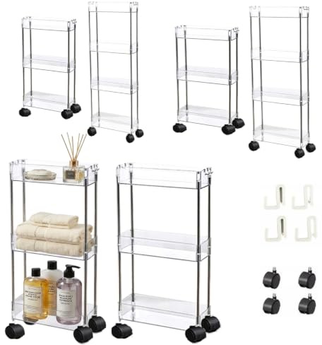 Hooha Rollwagen,Küchenwagen, 3 Ebenen Nischenregal,Aufbewahrung Regal Rollwagen Lagerwagen,Allzweck，leichte Reinigung，auf Rollen 4Haken, für Wohnzimmer, Badezimmer, Küche, Büro, Transparen 9cm breit