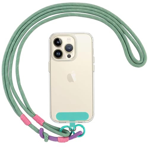 Coiwxmoi Handyband Universal zum Umhängen Kordel Kette,Handy Lanyard mit Stück Universelles Patch, Phone Lanyard mit Robuste Haken Kompatibel mit alle Smartphones, Abnehmbar - Cyan-Streifen