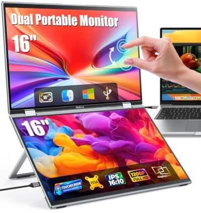Biakknoe Double écran tactile portable de 16 pouces, 1920 x 1200 FHD pour ordinateur portable avec USB-C/HDMI, moniteur portable pliable Plug & Play pour ordinateur portable/Mac/PC/téléphone/Windows