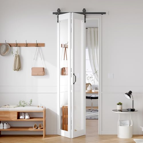 FREDBECK Preassembled Bifold Barn Door 36x96 (Double 18x96) with 1 Lites Mirror,Bi-fold Closet Doors Hardware Kit Included,40 Track for 2 Doors, PVC, White,for Living Room, Bathrooms, Kicthen