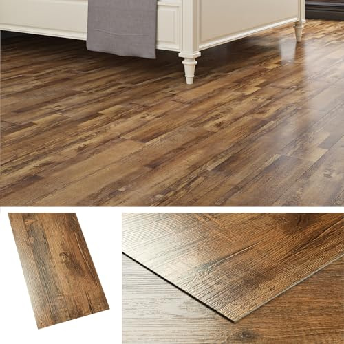 Livelynine Vinyl Flooring Tiles Wood Effect Lino Flooring Waterproof Brown Wood Vinyl Floor Tiles Peel and Stick Bathroom Kitchen 90x15CM Self Adhesive Floor Planks for Hallway Bedroom Rustic, 18 Pack