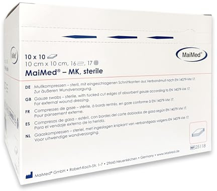 Lot de 100 compresses stériles 10 x 10 cm - 16 couches - Non pelucheuses - Stériles et non adhésives - Pour pansement et soins