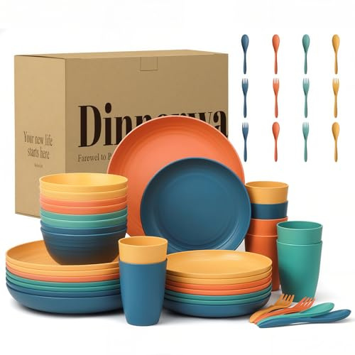 Wrova Reusable Plastic Dinner Set 48-Piece Camping Cutlery Service for 8 | Unbreakable Cups, Bowls, Plates & Cutlery Set, Plates Set for Everyday & Entertaining, Microwave & Dishwasher Safe - Multi
