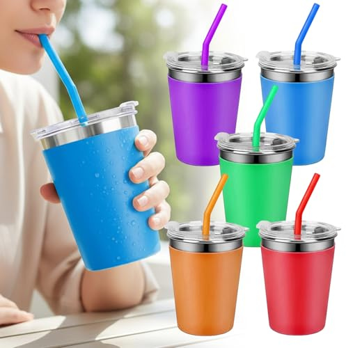 5 Stück Edelstahl Trinkbecher mit Deckel und Strohhalmen, 350 ml Trinklernbecher Edelstahlbecher Wiederverwendbarer, Stemless Weinbecher mit Silikonhülle, Trinkbecher für Familie, Camping, Party