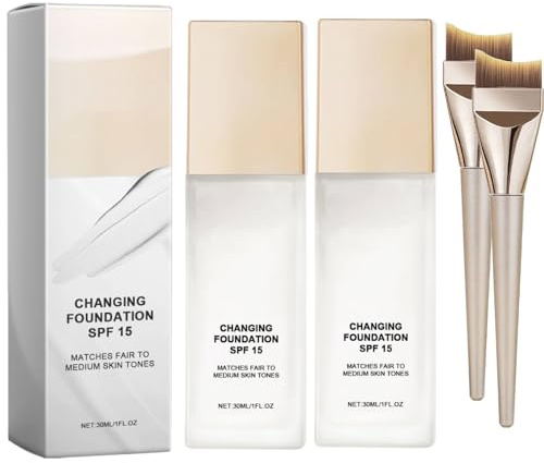 Colour Changing Mature Skin Foundation, Liquid Foundation for Mature Skin With Foundation Brush, All Day Flawless Warm Skin Tone Makeup Base Concealer, Natural Long Lasting for Face All Skin (2Pc)