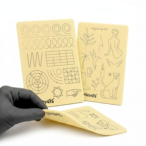 Piel Sintética Tatuaje 3 mm, 2 Pieles Doble Cara Preimpresas 4 Superficies, Pack Práctica Líneas Principiantes, Diseños Listos Sin Stencil, 20x15 cm