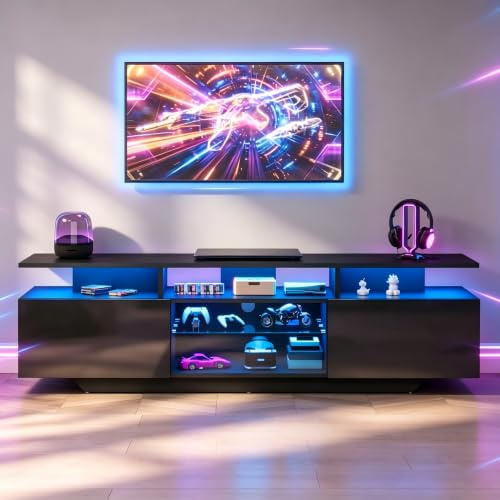 VILUXE Meuble TV bas avec LED Noir 160 cm | Meuble TV bas avec LED, façade en MDF brillant, salon, home cinéma, maison familiale