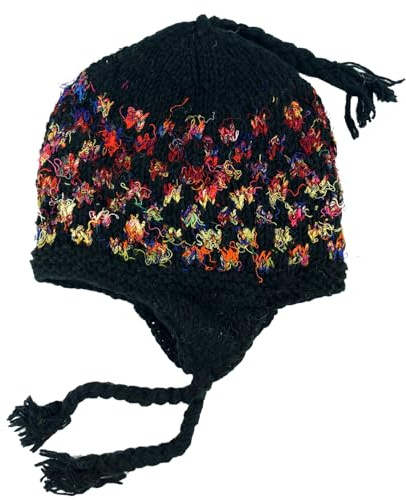 GURU SHOP Wollmütze mit Ohrenklappen, Norwegermütze, warm | Fleecefutter, ideal für kalte Tage, Unisex, aus Nepal, geflochtene Zöpfe
