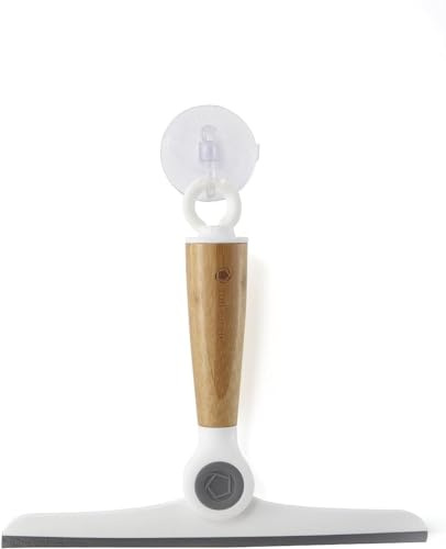 Full Circle Limpiacristales Giratorio Espátula para Ventanas, Cristales, Espejos y Mamparas de Ducha | Espátula para Limpieza de Baño | Mango Ergonómico de Bambú | Incluye Ventosa