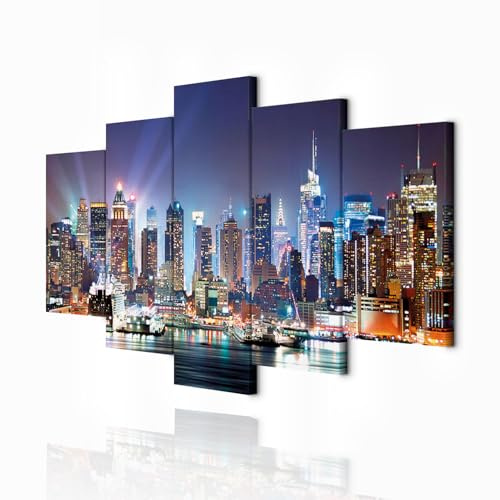 decomonkey Bilder New York 100x50 cm 5 Teilig Leinwandbilder Wandbild Stadt | Bild auf Leinwand, Kunstdruck, Wanddeko, Wohnzimmer, Wanddekoration, City, Architektur, Panorama