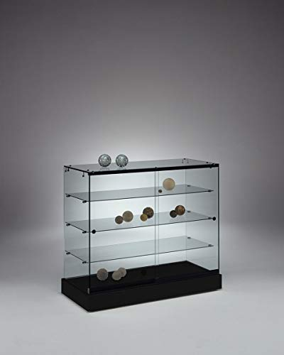 MHN Halbhohe Design Glasvitrine mit Rollen T 46 x B 104 x H 92 cm - breite Thekenvitrine abschließbar - Flache Alu-Glas Verkaufsvitrine - Schwarze Ladenvitrine ohne Beleuchtung
