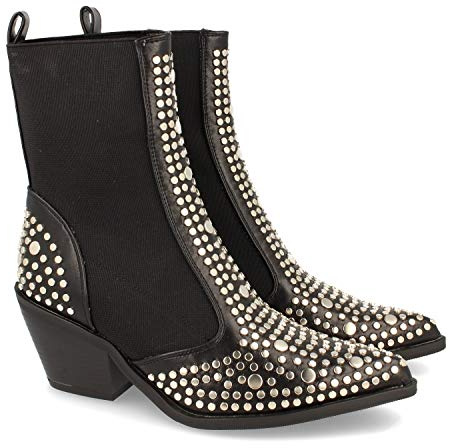 42666-Botin de Mujer con Tacon y Elastico en el Tobillo, de Punta Fina, Adornado con Tachuelas Metalicas Otono Invierno 2019. Talla 36 Negro