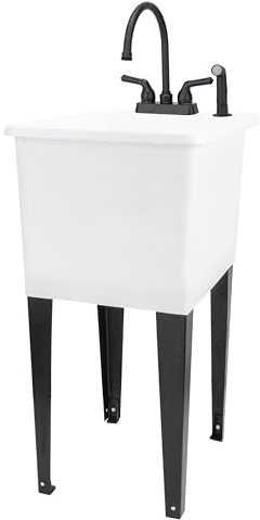Space Saver Utility Sink by JS Jackson Supplies, Gooseneck Faucet with Side Sprayer (White Tub, Black Faucet)