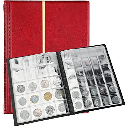 SAVITA Album de Pièces de Monnaie de 250 Poches Livre de Collection de Pièces de Monnaie en Cuir de 10 Pages Livre de Collection de Penny pour Collectionneurs de Pièces de Monnaie (Rouge)