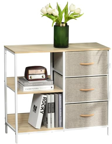 HOMCOM Chest of Drawers with 3 Fabric Drawers, 2 Display Shelves, Beige | Storage Dresser Cabinet Organizer, Living Room, Bedroom, Hallway