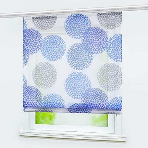 Delien Raffrollo mit Klettband Voile Raffgardine Kurzer Vorhang mit Kreismuster Bändchenrollo Küche »Litchi« Kurzschals Cafe Fenster Gardine 1 Stück BxH 120x140cm,Blau