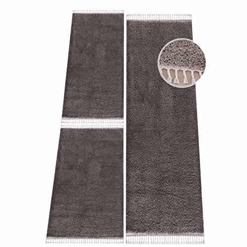 carpet city Bettvorleger Schlafzimmer Grau/Taupe - Shaggy Hochflor Bettumrandung - Teppich-Läufer-Set 2X 80x150 cm, 1x 80x300 cm - Einfarbige Schlafzimmerteppiche - Graue Läufer Bett