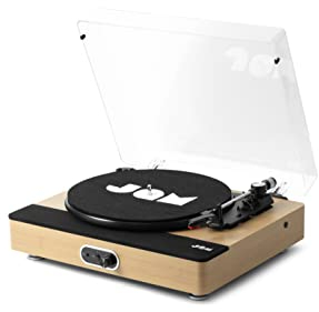 Jam Sound Stream+ Turntable, Built-in Stereo Speakers, Bluetooth Connectivity, 3 Speeds, AC Adaptor, RCA to AUX Cable, Record Adaptor and Slip Mat Included, Sleek Wood Finish