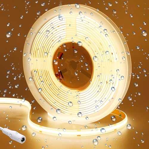GOMING 24V COB LED Streifen Warmweiss 3000K 5M Wasserdicht IP65 LED Strip | 480LEDs/M Keine Lichtflecken CRI 93+ Hohe Helligkeit 4300lm LED Band Selbstklebend für Heim Deko(Netzteil nicht Enthalten)