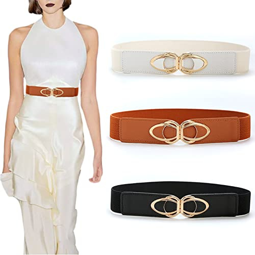 3 stycken dammode midjebälte, elastiskt retro stretch midjebälte med metallspänne