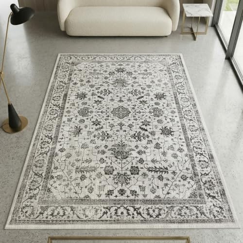 CARPETIA Diskret orientalisk matta med växtdekorationer och ornament i kräm, 120 x 170 cm | Mjuk, lättskött, smutsavvisande och slitstark, OEKO-TEX-testad, för golvvärme, hall och vardagsrum