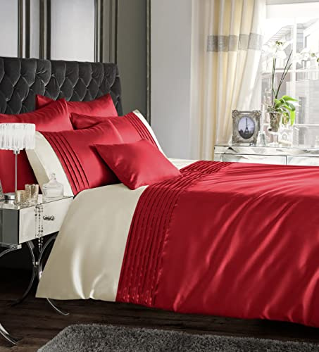 Intimates Plain Faux Silk Pleated Ruffle Bedding Duvet Quilt Cover and Pillowcase Set (Red, Double)