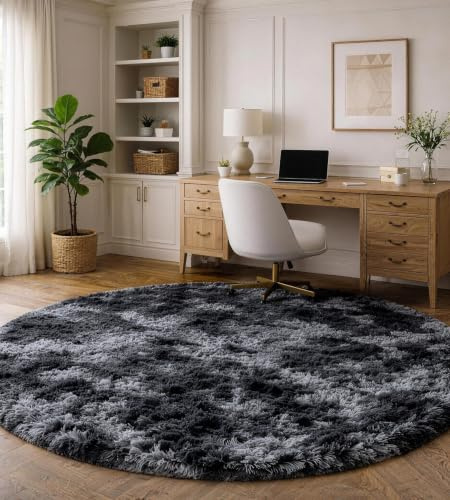 ROHATIM Runder Teppich 120 cm Dunkelgrau Waschbar Rutschfester Runder Hochflorteppich Wohnzimmer Schlafzimmer Flauschig