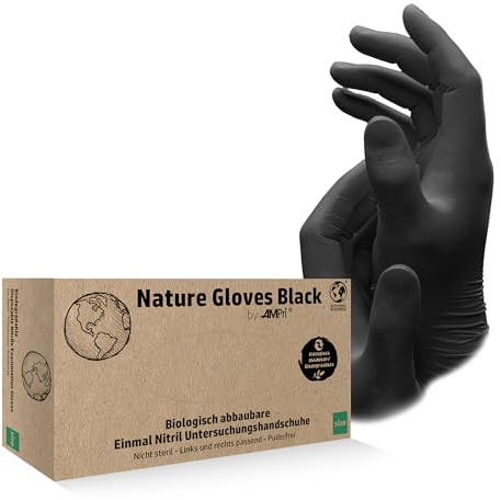 AMPRI Biologisch abbaubare Nitrilhandschuhe, schwarz, 100 Stück/Box, Größe XS, puderfrei, Nature Gloves by Med-Comfort: Nitril Einmalhandschuhe in den Größen XS, S, M, L, XL erhältlich | Schwarz, XS