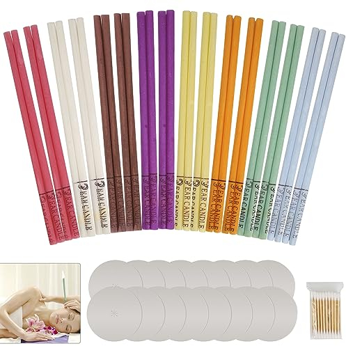 Ysimple 32 candele per le orecchie, 8 diverse candele naturali per le orecchie con 16 dischi protettivi e tamponi di cotone, per rimuovere il cerume, relax e pulizia