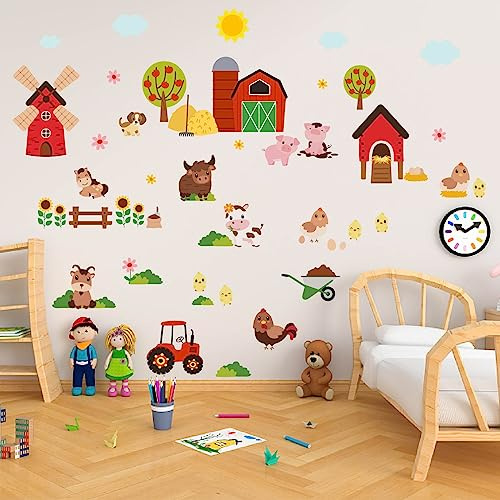 PLIGREAT 2 hoja de Pegatinas de Pared de Animales de Granja con Dibujos Animados de Vaca Cerdo Casa de Granja Pegatinas de Pared para Dormitorio Sala de Juegos Guardería Armario Decoración de Puerta