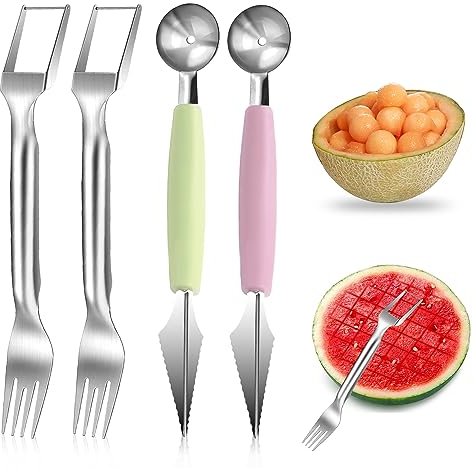 CHENYU Watermelon Cutter 4 Stück obst Schneider 2-in-1 obst Werkzeug set Stainless Steel Melon Cutter Melonenausstecher Kugeln Wassermelonengabelschneider for Kitchen Fruit Parties Camping