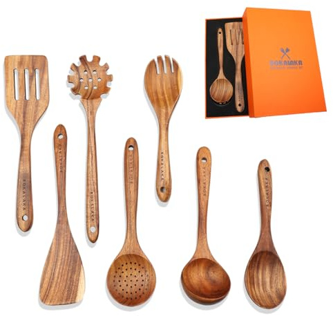 Hölzerne Löffel zum Kochen,7 Pack Utensilien zum Kochen hölzerne Kochutensilien hölzerne Küchenutensilien Set natürliche Teakholz-Holzspatel