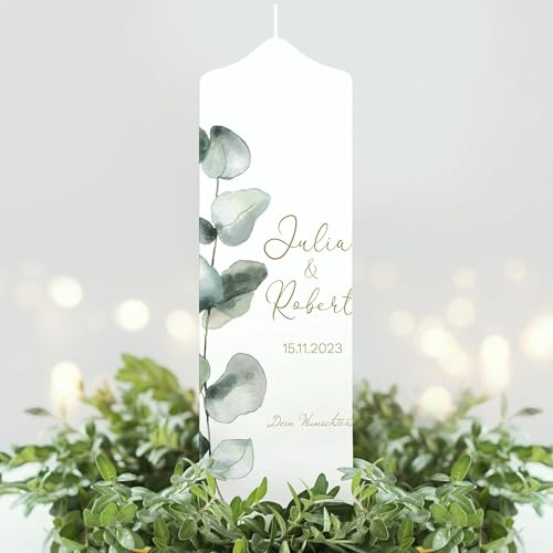 Wandtattoo Loft Hochzeitskerze personalisiert mit Namen und Datum, Motiv mit Eukalyptuszweig, 25cm x 8cm, personalisierte Traukerze, Hochzeit Kerze selbst gestalten, Hochzeitsgeschenk, Valentinstag
