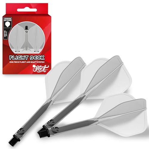 Shot! Darts | Flight Deck | Einteiliges Dartflight- und Schaftsystem | Reduzierte Ablenkungen | Standardförmiges Flight | 350 Mikron | Erhältlich im 3er-Set | Durchsichtig| Kurz