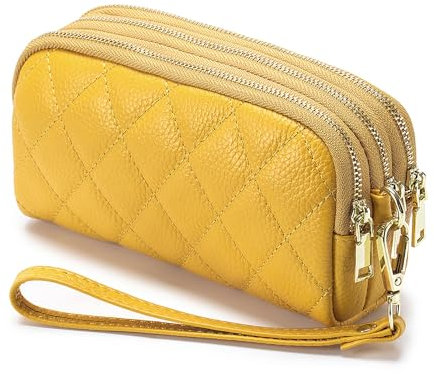 RRvane Genuine Leather Quilted Clutch Bag, Ladies' 3 Zipper Wristlet Wallet, Multifunction Purse with Wrist Strap for Women (Yellow)