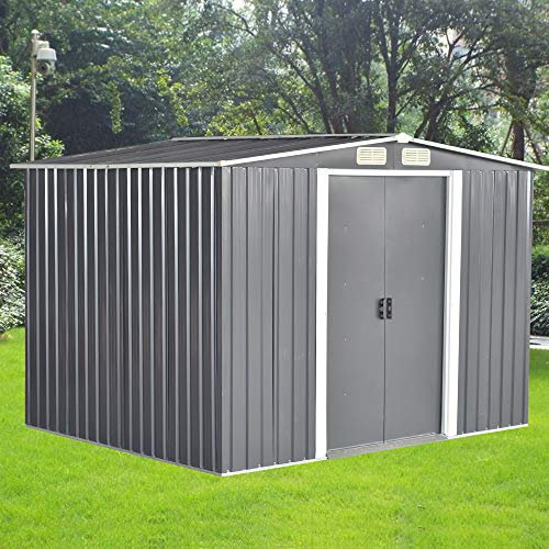 Panana Two Door Metal Garden Shed Tool Storage Sheds Lockable Green/Grey Color (8ft x 6ft Grey)