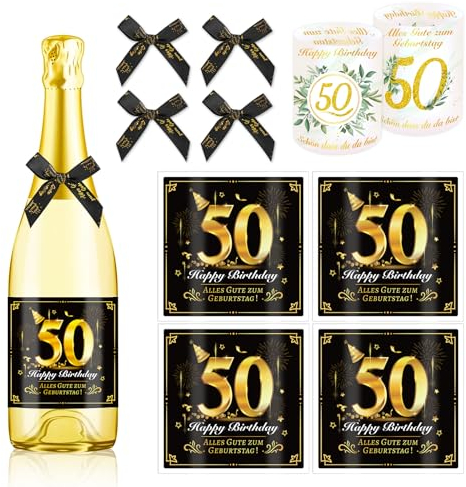 HOWAF 4 Flaschenetikett 50. Geburtstag, Alles Gute zum Geburtstag Flaschenetiketten Selbstklebend Schleife, Flaschenetikett 50 Geburtstag Geschenk Geburtstagsgeschenk für Frauen Männer