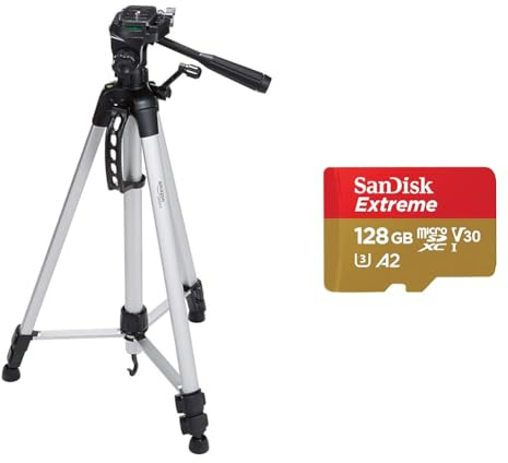 Amazon Basics 152 cm (60-Inch) Lightweight Camera, DSLR and Binocular Tripod with Bag, Black & SanDisk 128GB Extreme microSDXC card + SD adapter + RescuePRO Deluxe, up to 190MB/s