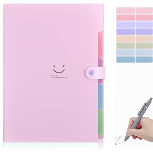 Fächermappe A4,Mappe Mit 5 Fächern,Dokumentenmappe A4 Mit Etiketten,Ordnungsmappe Mappen Ordnersystem, 12 durchsichtige Geldumschläge, 14 Monatsplaner Haftnotizen (Fächermappe pink)