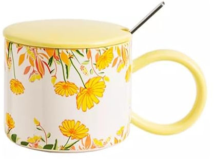 Tazze da caffè in ceramica di grandi dimensioni, per cappuccino, latte, cacao caldo o tè caldo Compleanno/Natale/Valentino Fiore con tazza coperchio cucchiaio,D,350