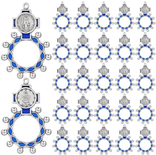Huquary 24 anillos de rosario de dedo tradicional católico de bolsillo, anillo de rosario de bolsillo cristiano, joyería de crucifijo, llavero azul a granel para regalos de bautizo, accesorios de