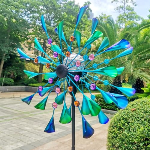 Moulin à Vent Solaire, éclairage Led Saisonnier Multicolore, Moulin à Vent De Jardin, Boule De Verre à énergie Solaire Avec Moulin à Vent Cinétique Double Direction Pour Terras(Size:200cm,Color:Bleu)