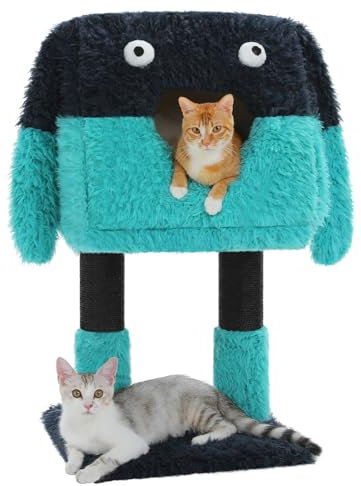 PETEPELA Monster-Stil Katzenhaus mit Kratzstamm, 2 in 1 Katzenhöhle warm, Kratzbaum mit kuschelhöhle, lustiges Katzenhöhle mit abnehmbaren Katzenbett Katzenkorb für Indoor-Katzen blau