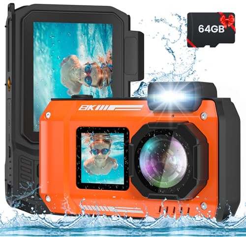 Fotocamera subacquea Fohoa 8K 70MP, impermeabile fino a 33 m, robusta antipolvere antiurto, con scheda 32G, doppio schermo, autofocus selfie, arancione