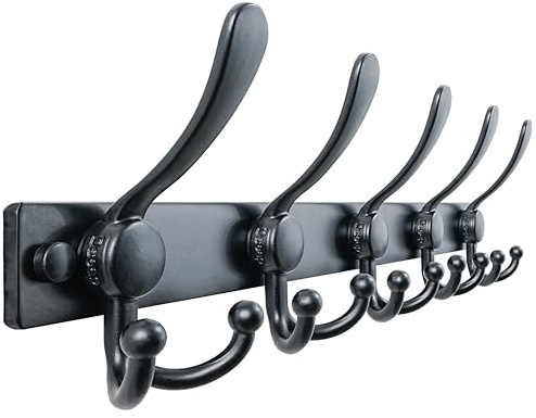 Dseap Coat Rack Wall Mount, Heavy Duty 2.5mm Base vs Flimsy 1mm, Double-Thick Solid Anti-Snap Hooks, Stainless Steel Hanger Organizer for Clothes Hat Entryway Closet Mudroom, Black