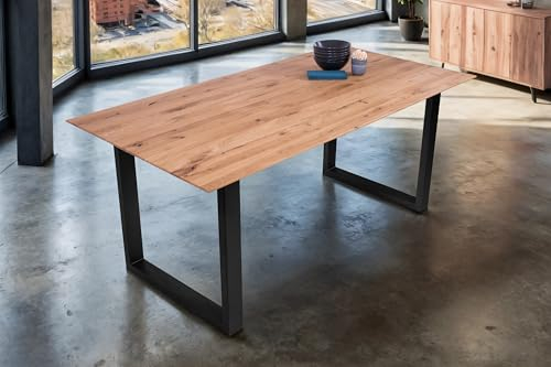 SAM Esstisch 160 x 85 cm Lotte, Eichenholz massiv & geölt, Esszimmertisch mit Schweizer Kante/gerade Ecken, U-Gestell aus Metall Schwarz, pflegeleichter Holztisch
