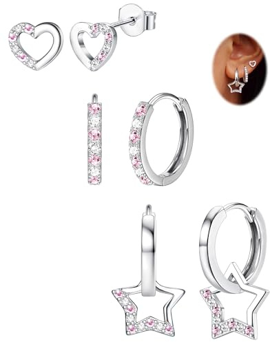 JeweBella Örhängen i flerpack, 3 par örhängen i 925 Sterling silver för kvinnor och tjejer, hypoallergena, med hjärta, stjärna och stift, örhängen i set för flera piercingar, Koppar