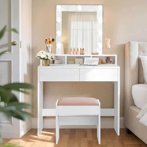 VASAGLE Schminktisch mit LED-Beleuchtung, Sitzhocker, Kosmetiktisch mit 2 Schubladen und 3 offenen Fächern, Makeup-Hocker aus Samt, für Schlafzimmer, weiß und mattweiß-pastellrosa RDT714W01 | Kosmetiktisch mit 3 offenen Fächern, Makeup-Hocker aus Samt, für Schlafzimmer, weiß und mattweiß-pastellrosa